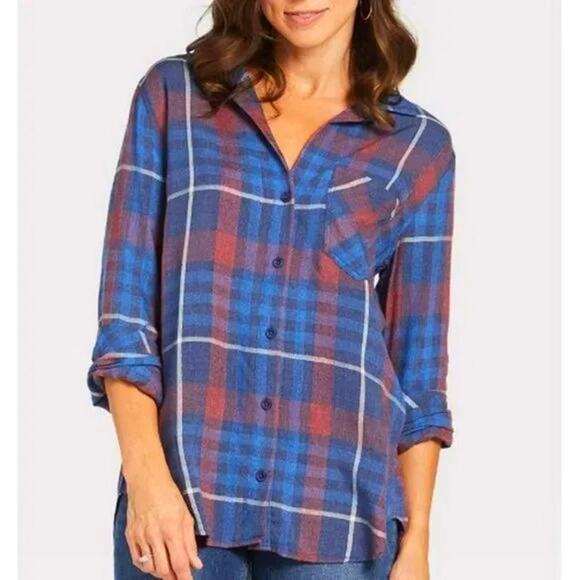 cloth & stone Tops - Cloth & Stone Anthropologie Aurora Plaid Long Sleeve Button Down Shirt Blue Sz M